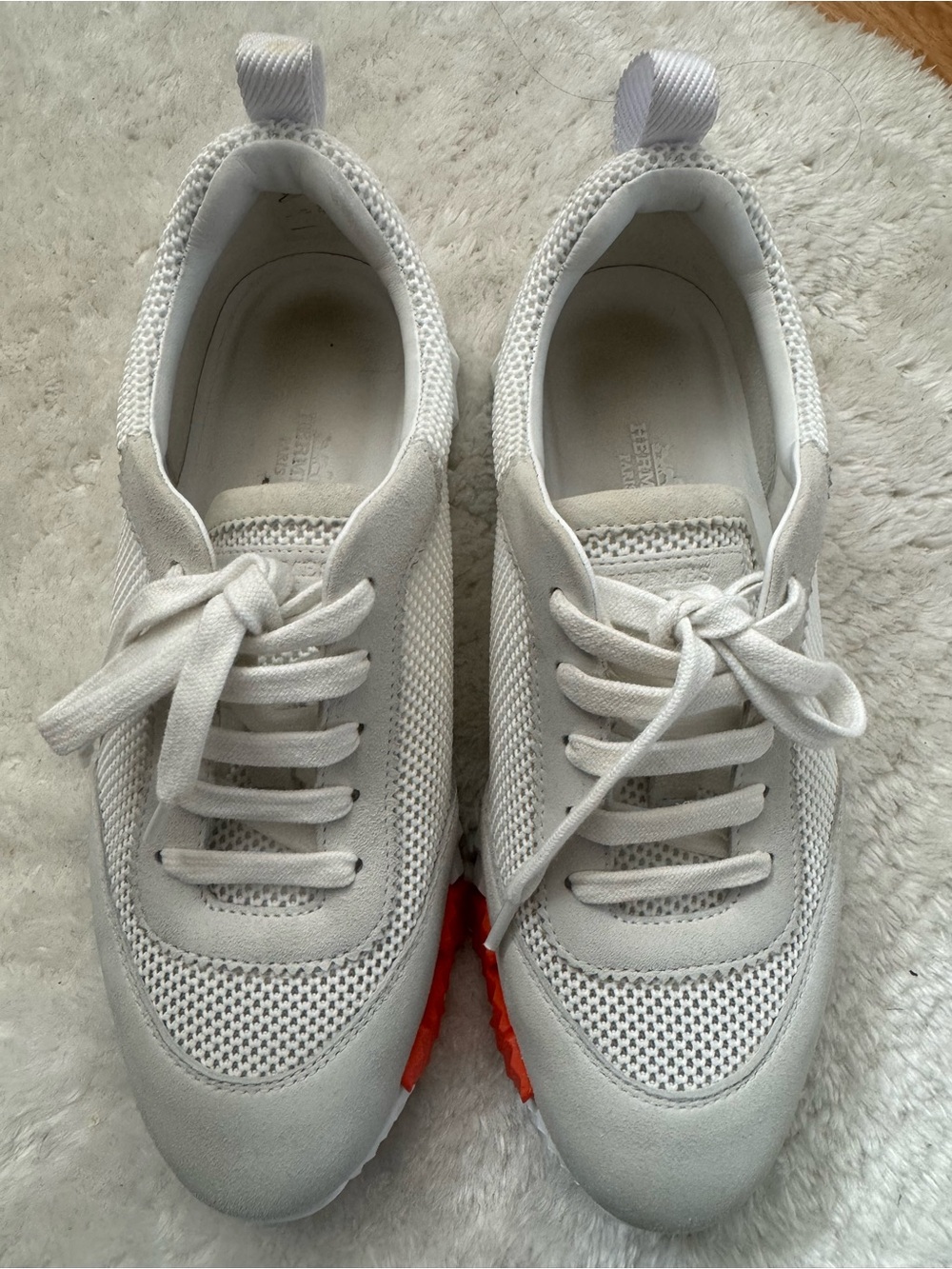 Hermes White Knit & Leather Sneakers with Orange Accent